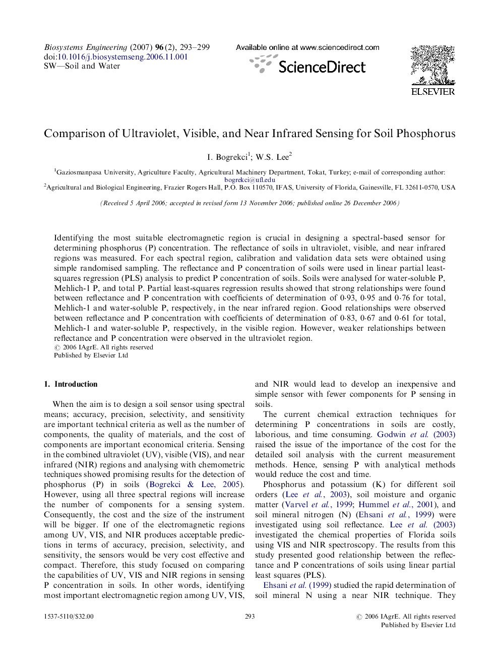 Comparison of Ultraviolet, Visible, and Near Infrared Sensing for Soil Phosphorus