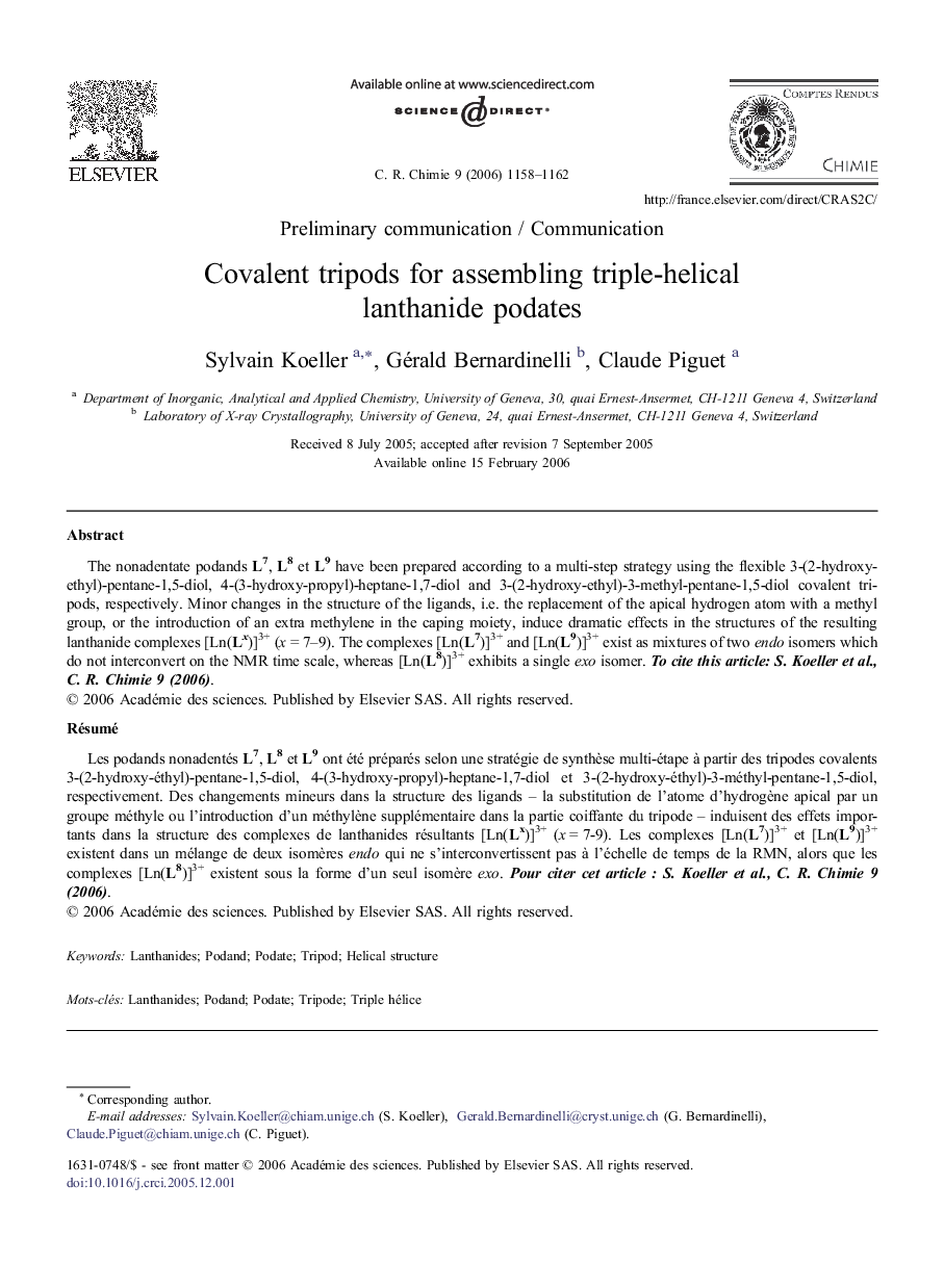 Covalent tripods for assembling triple-helical lanthanide podates