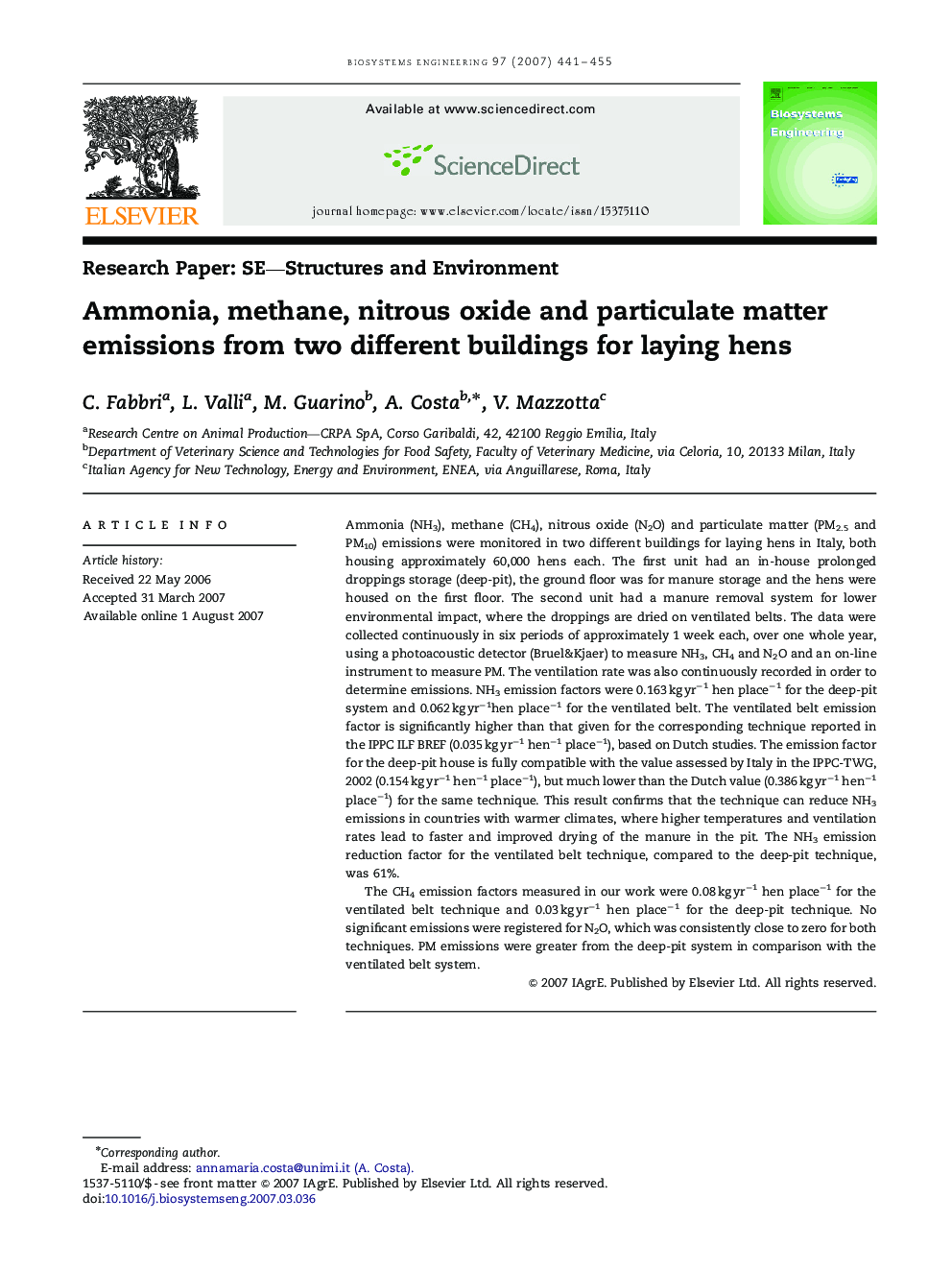 Ammonia, methane, nitrous oxide and particulate matter emissions from two different buildings for laying hens