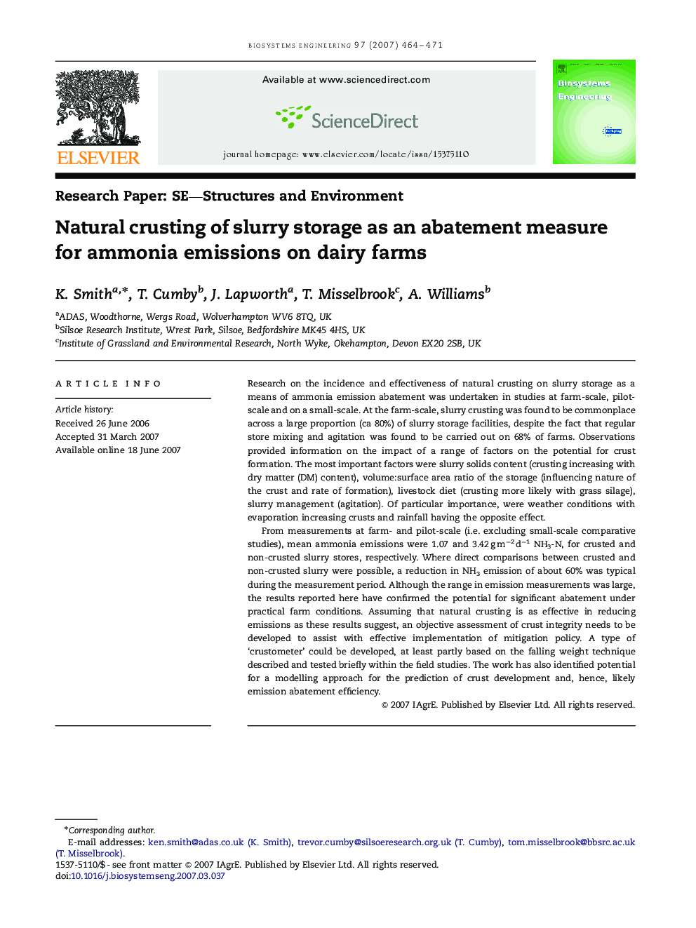 Natural crusting of slurry storage as an abatement measure for ammonia emissions on dairy farms