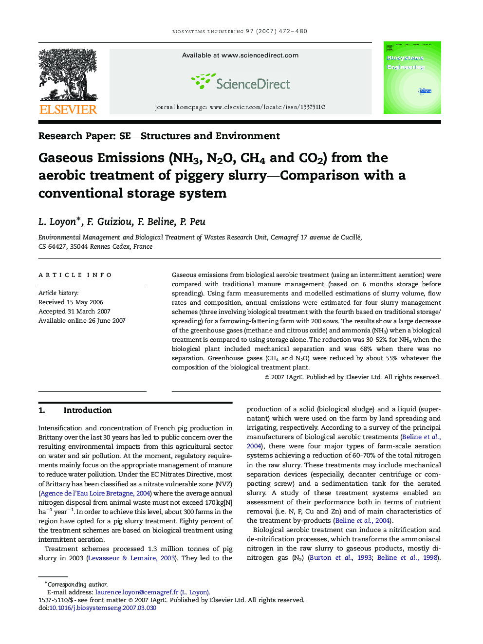 Gaseous Emissions (NH3, N2O, CH4 and CO2) from the aerobic treatment of piggery slurry—Comparison with a conventional storage system