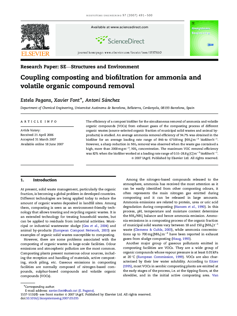 Coupling composting and biofiltration for ammonia and volatile organic compound removal