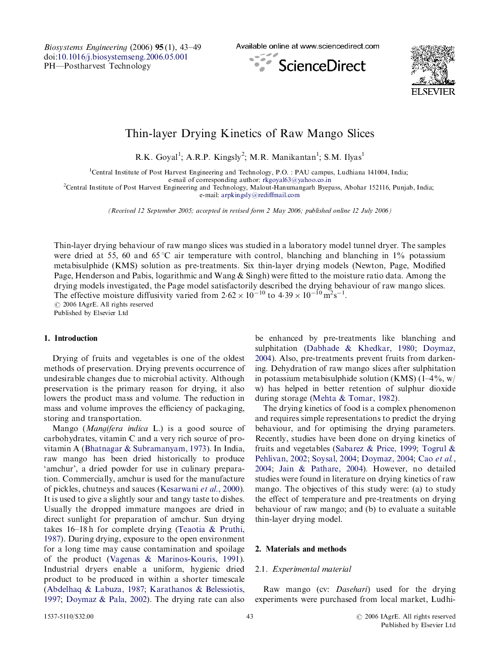 Thin-layer Drying Kinetics of Raw Mango Slices