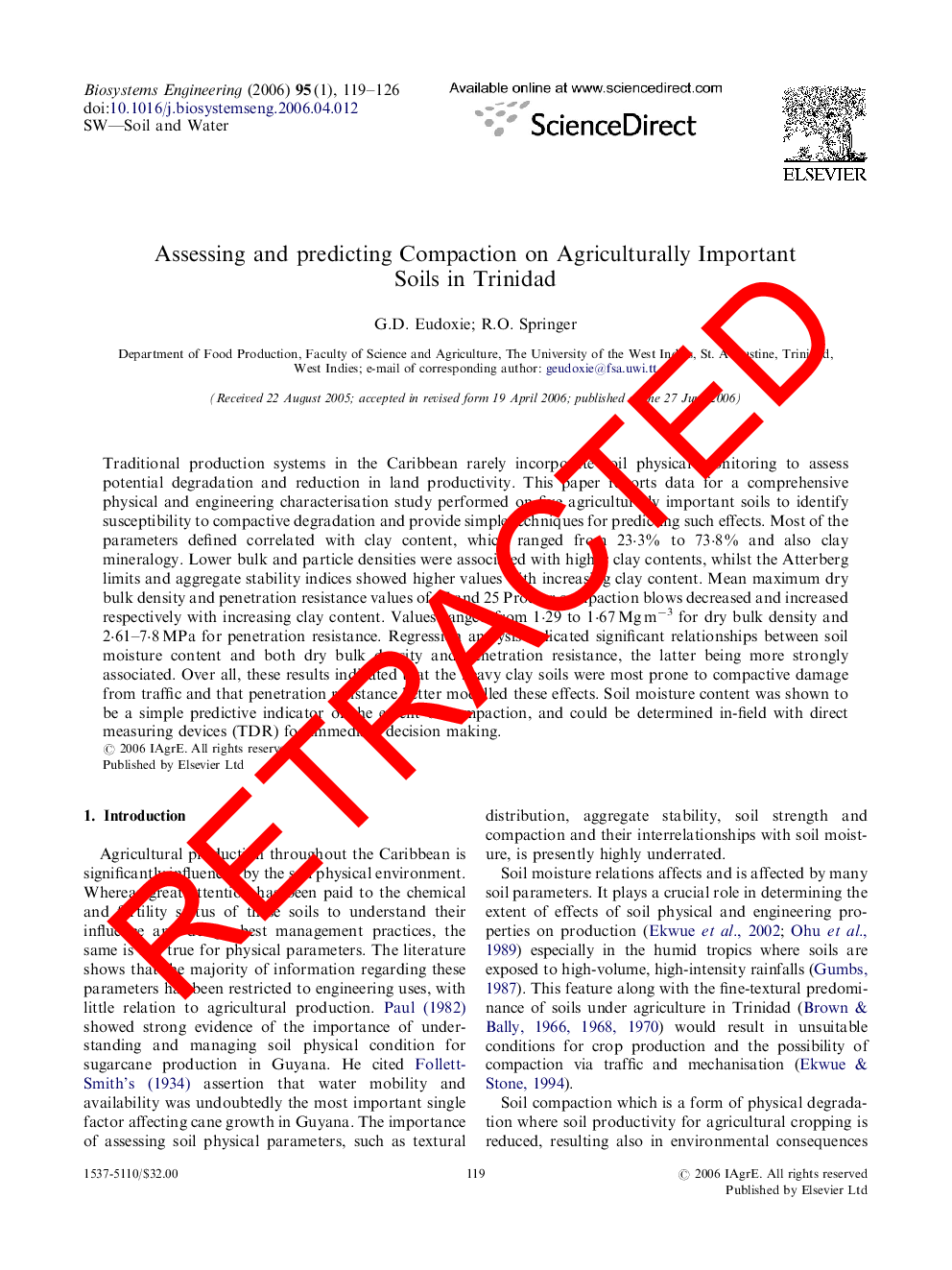 RETRACTED: Assessing and predicting Compaction on Agriculturally Important Soils in Trinidad