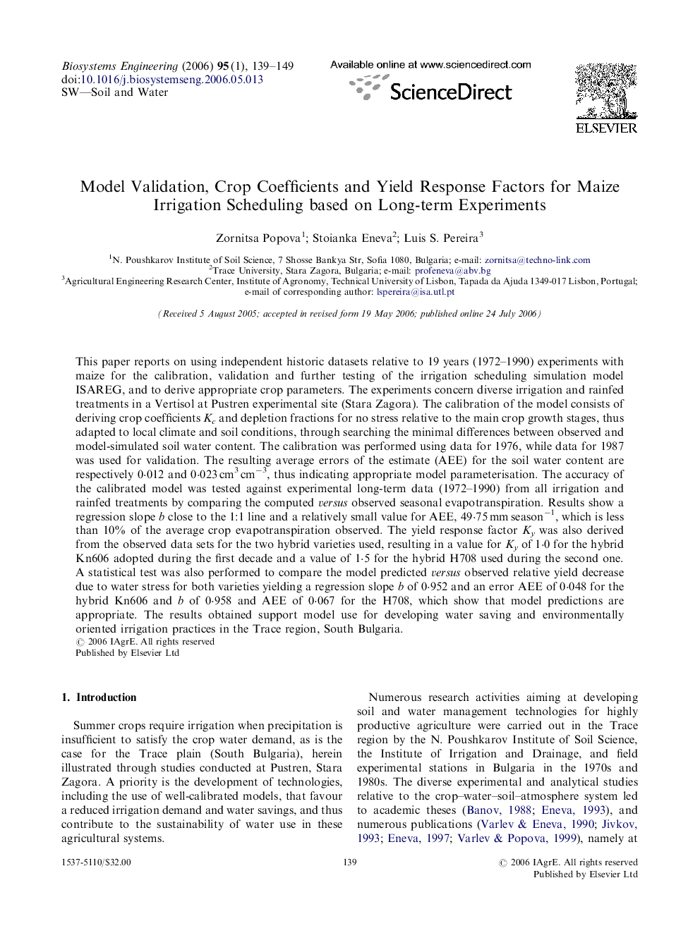 Model Validation, Crop Coefficients and Yield Response Factors for Maize Irrigation Scheduling based on Long-term Experiments