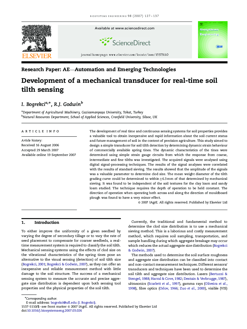 Development of a mechanical transducer for real-time soil tilth sensing