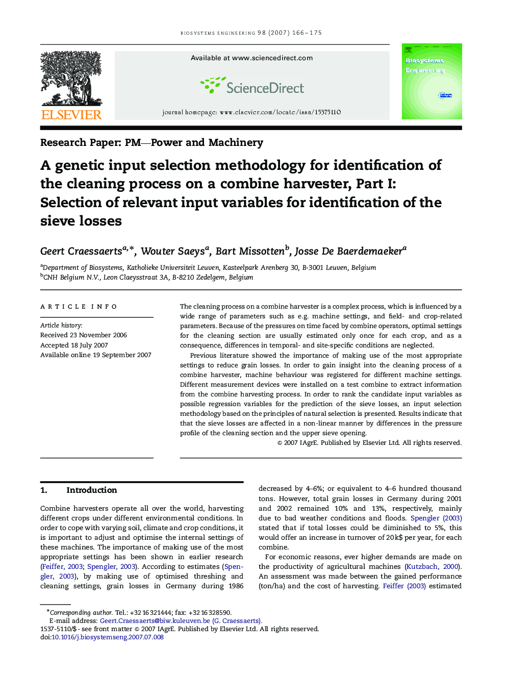 A genetic input selection methodology for identification of the cleaning process on a combine harvester, Part I: Selection of relevant input variables for identification of the sieve losses