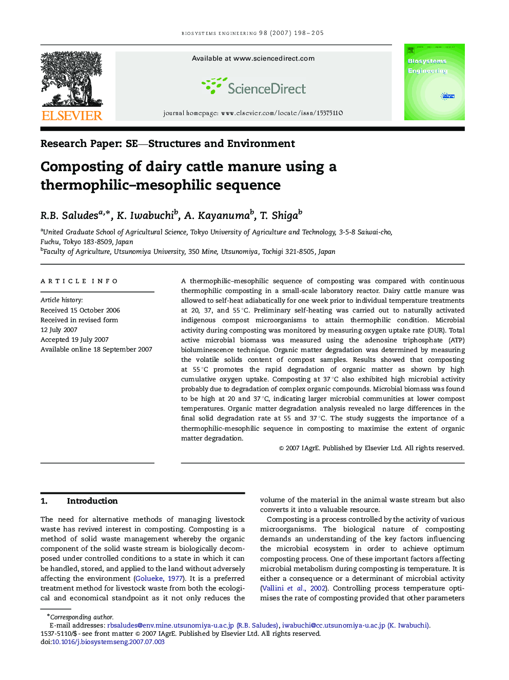 Composting of dairy cattle manure using a thermophilic–mesophilic sequence