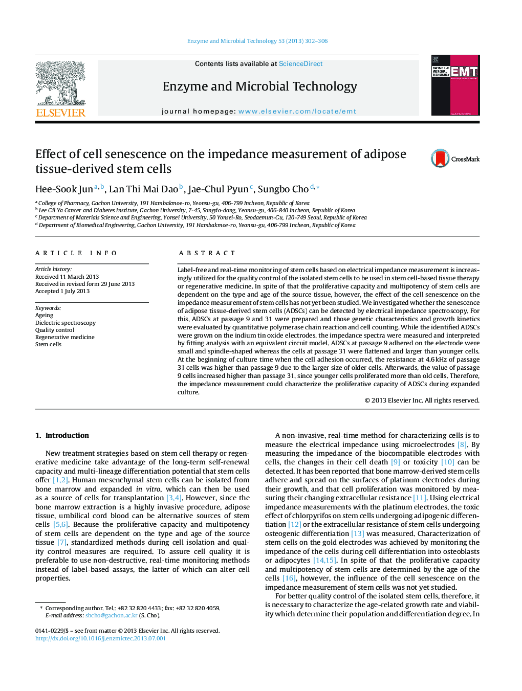 عکس صفحه اول مقاله: Effect of cell senescence on the impedance measurement of adipose tissue-derived stem cells Effect of cell senescence on the impedance measurement of adipose tissue-derived stem cells