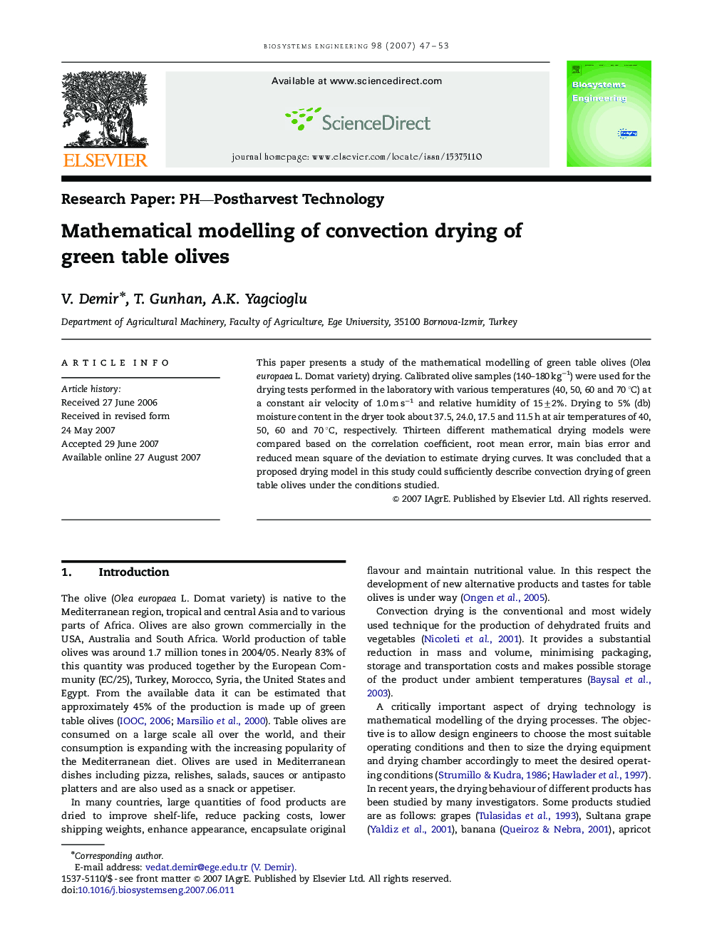 Mathematical modelling of convection drying of green table olives