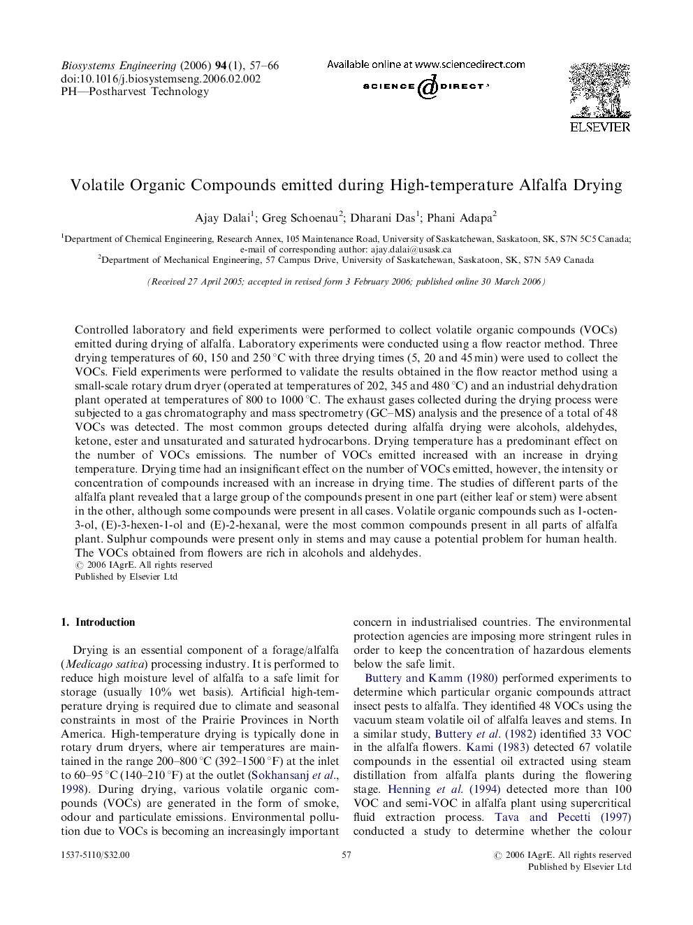 Volatile Organic Compounds emitted during High-temperature Alfalfa Drying