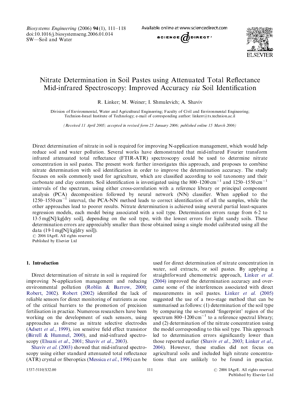 Nitrate Determination in Soil Pastes using Attenuated Total Reflectance Mid-infrared Spectroscopy: Improved Accuracy via Soil Identification