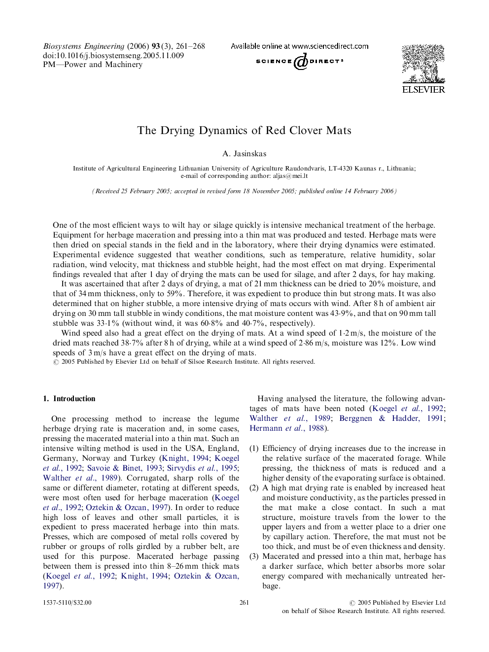 The Drying Dynamics of Red Clover Mats