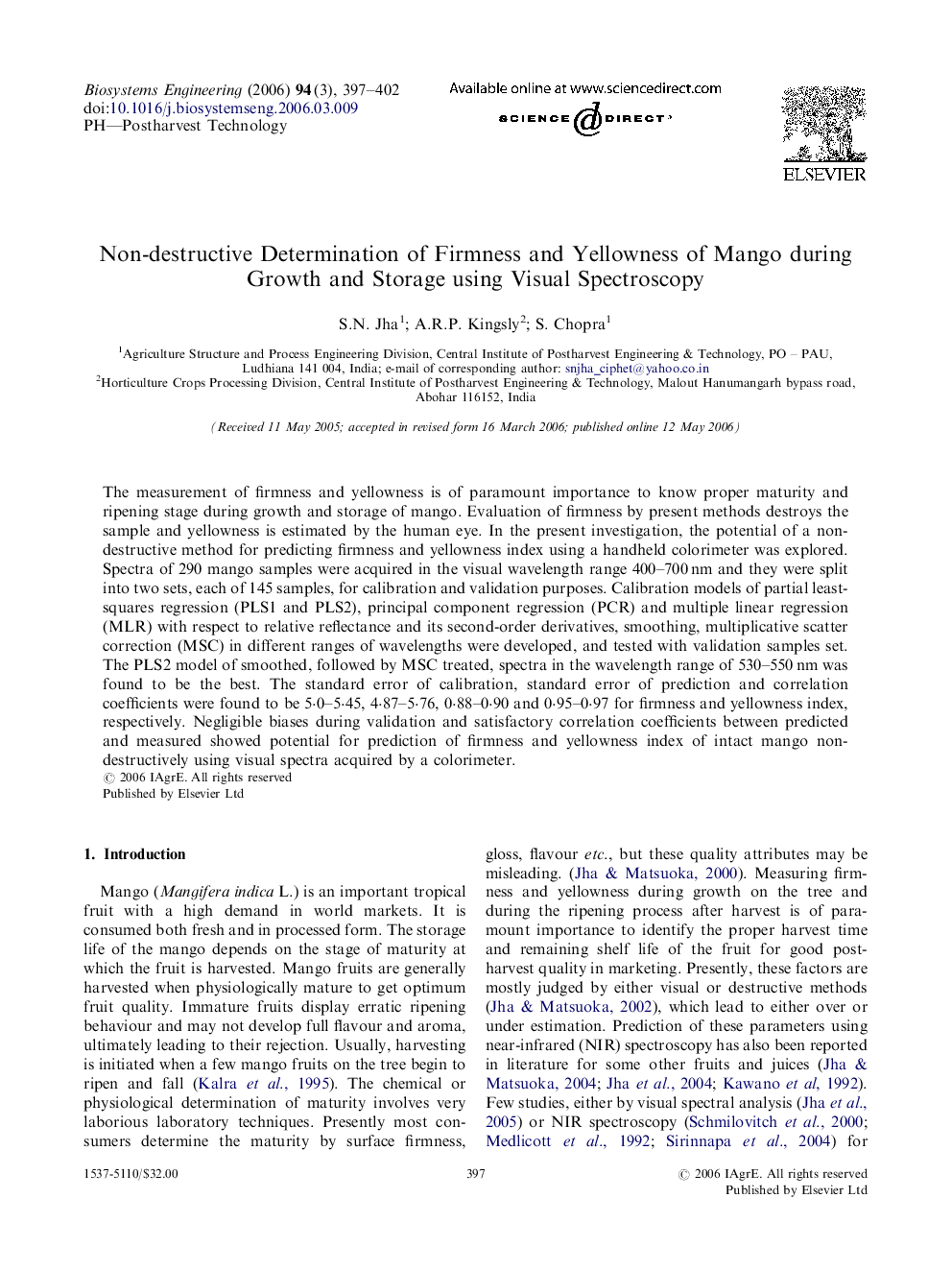 Non-destructive Determination of Firmness and Yellowness of Mango during Growth and Storage using Visual Spectroscopy