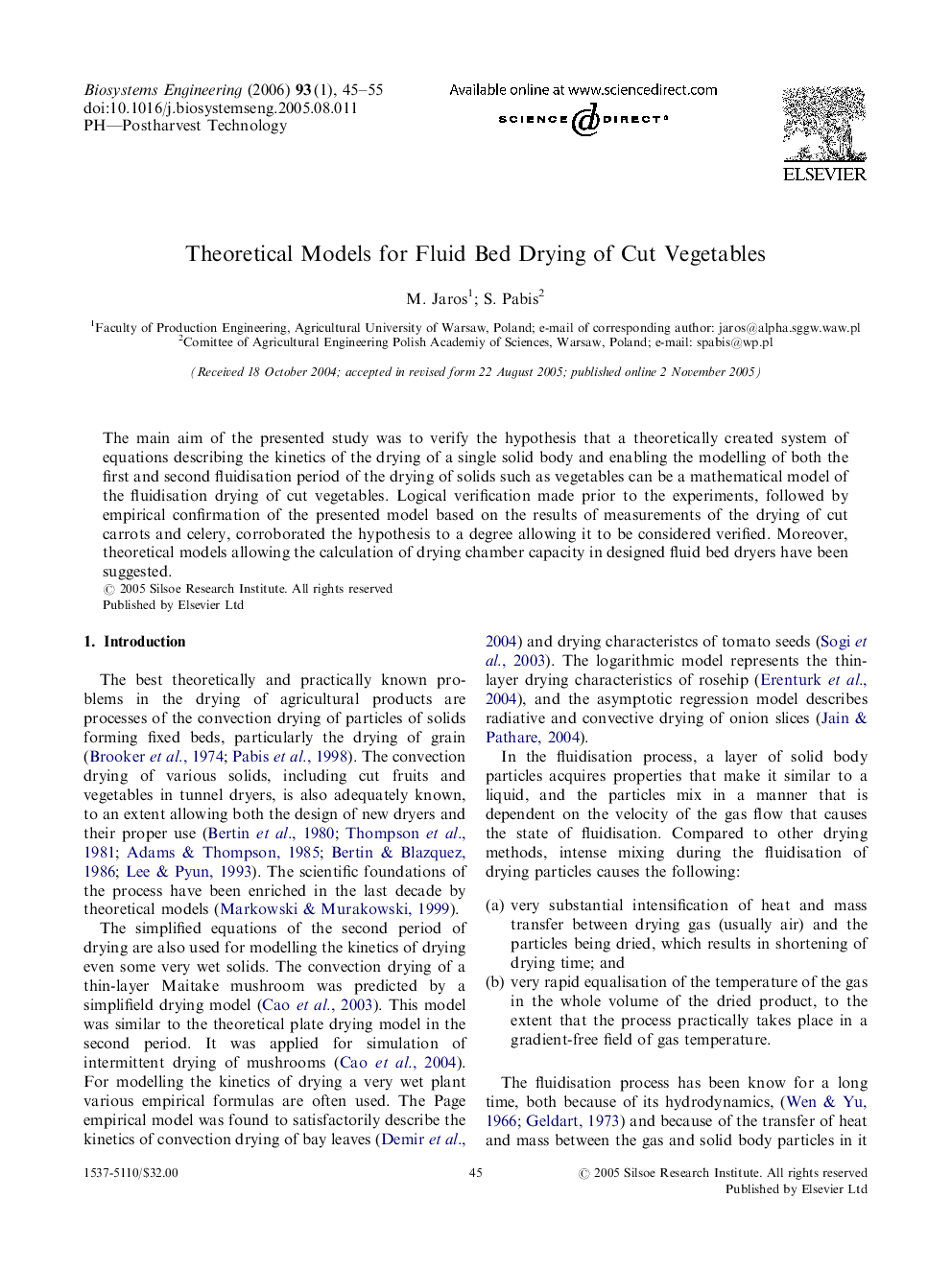 Theoretical Models for Fluid Bed Drying of Cut Vegetables