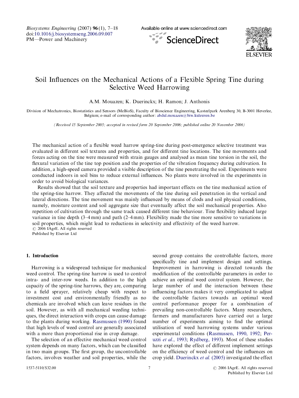 Soil Influences on the Mechanical Actions of a Flexible Spring Tine during Selective Weed Harrowing