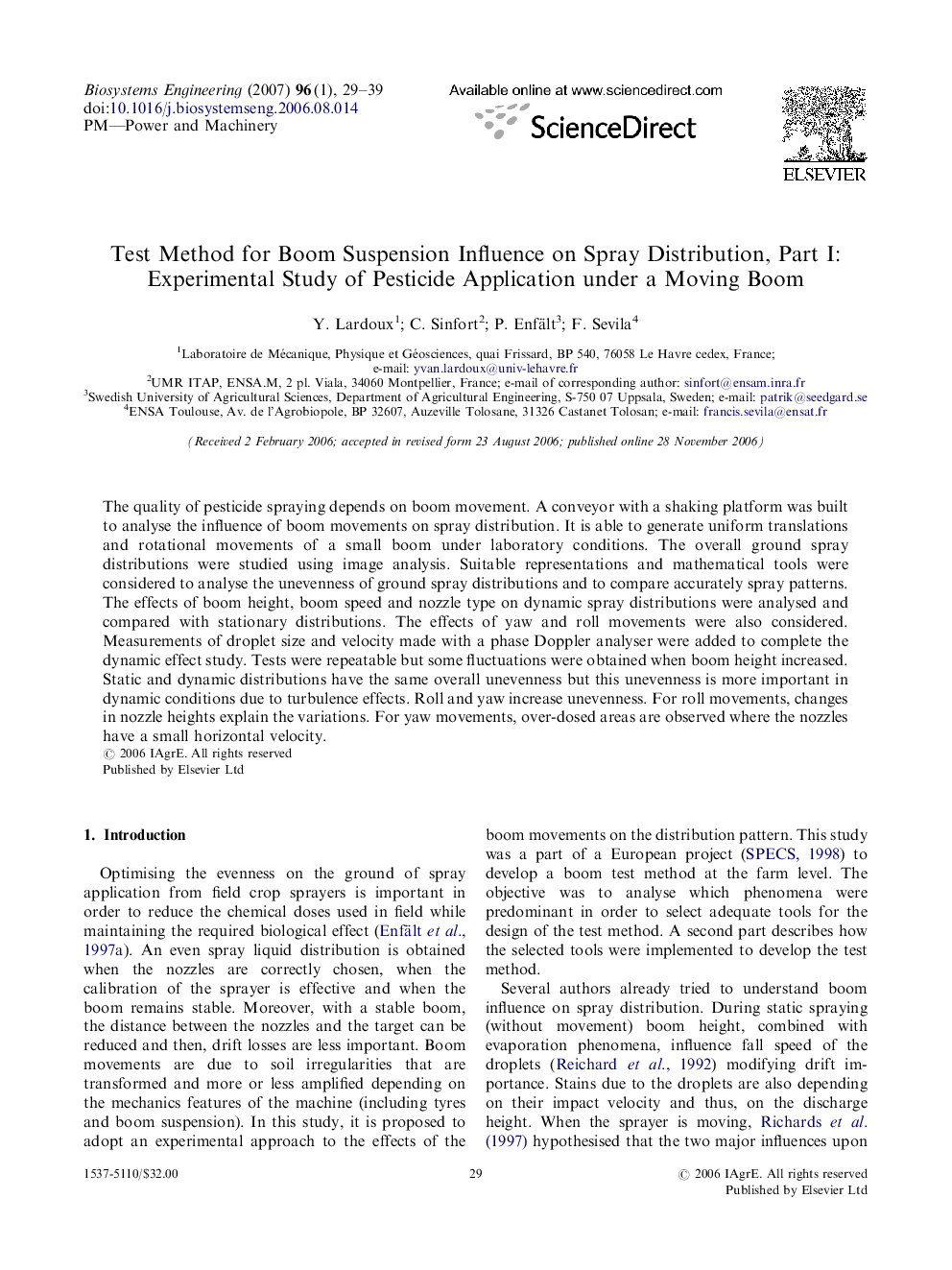 Test Method for Boom Suspension Influence on Spray Distribution, Part I: Experimental Study of Pesticide Application under a Moving Boom