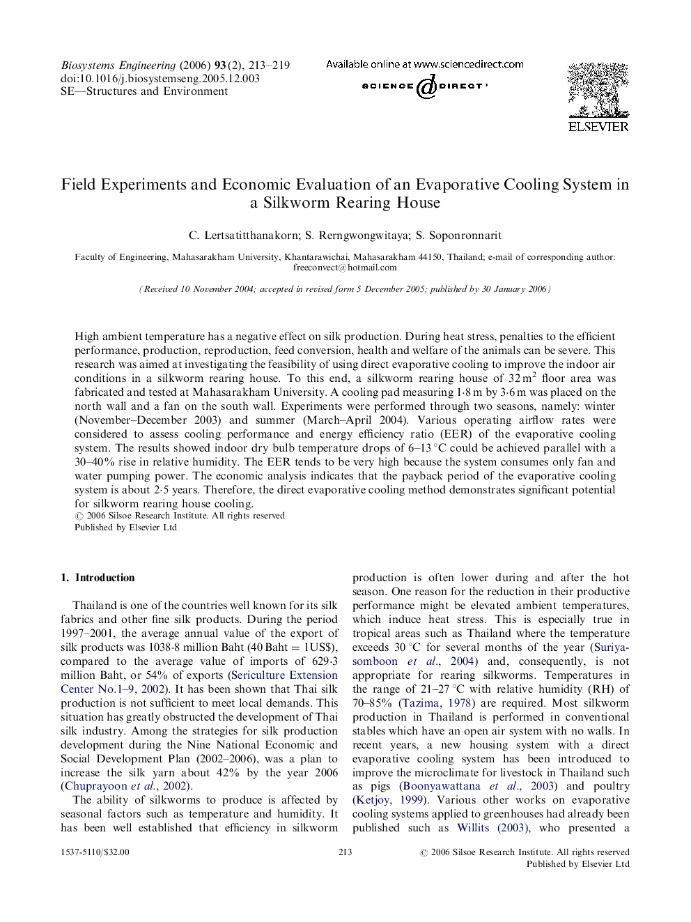 Field Experiments and Economic Evaluation of an Evaporative Cooling System in a Silkworm Rearing House