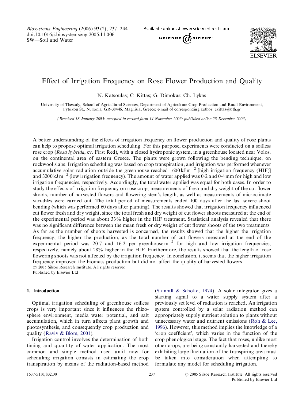 Effect of Irrigation Frequency on Rose Flower Production and Quality