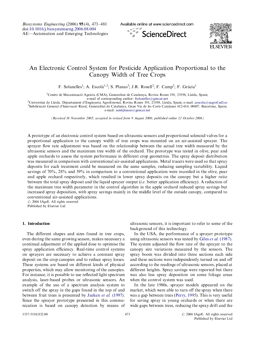 An Electronic Control System for Pesticide Application Proportional to the Canopy Width of Tree Crops