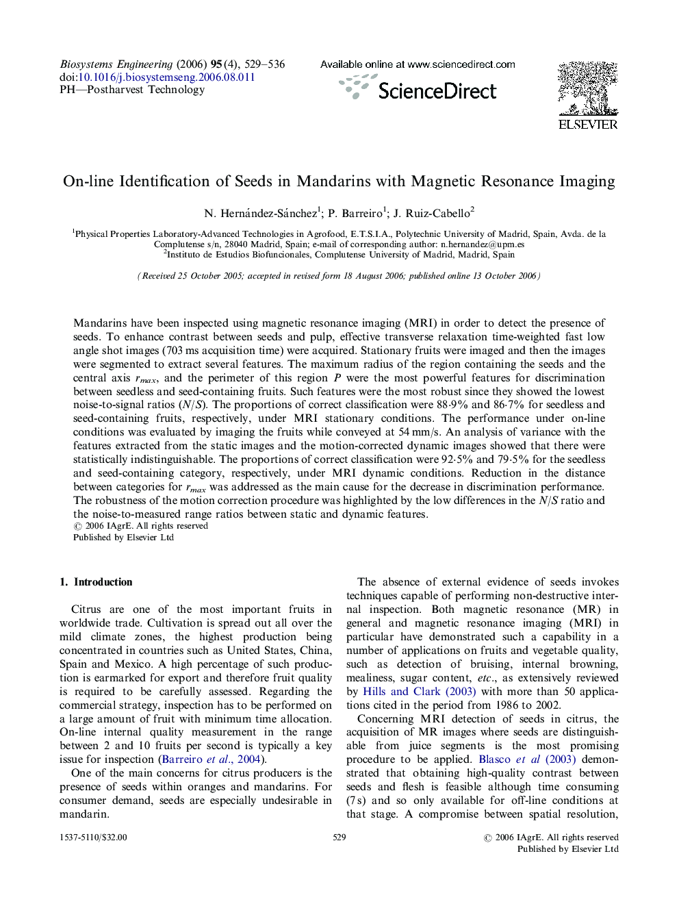 On-line Identification of Seeds in Mandarins with Magnetic Resonance Imaging