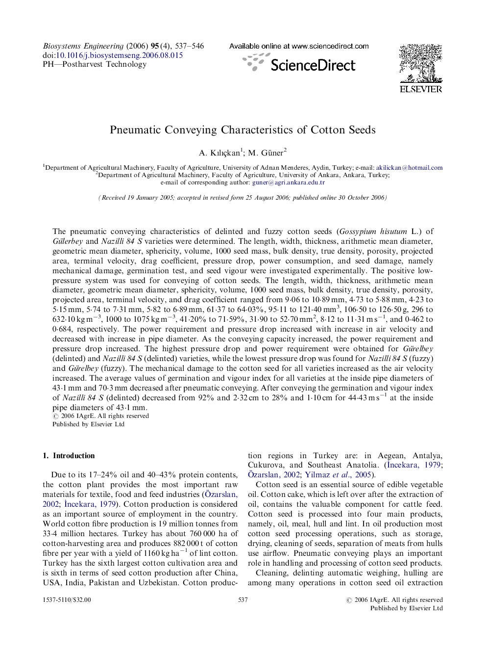 Pneumatic Conveying Characteristics of Cotton Seeds