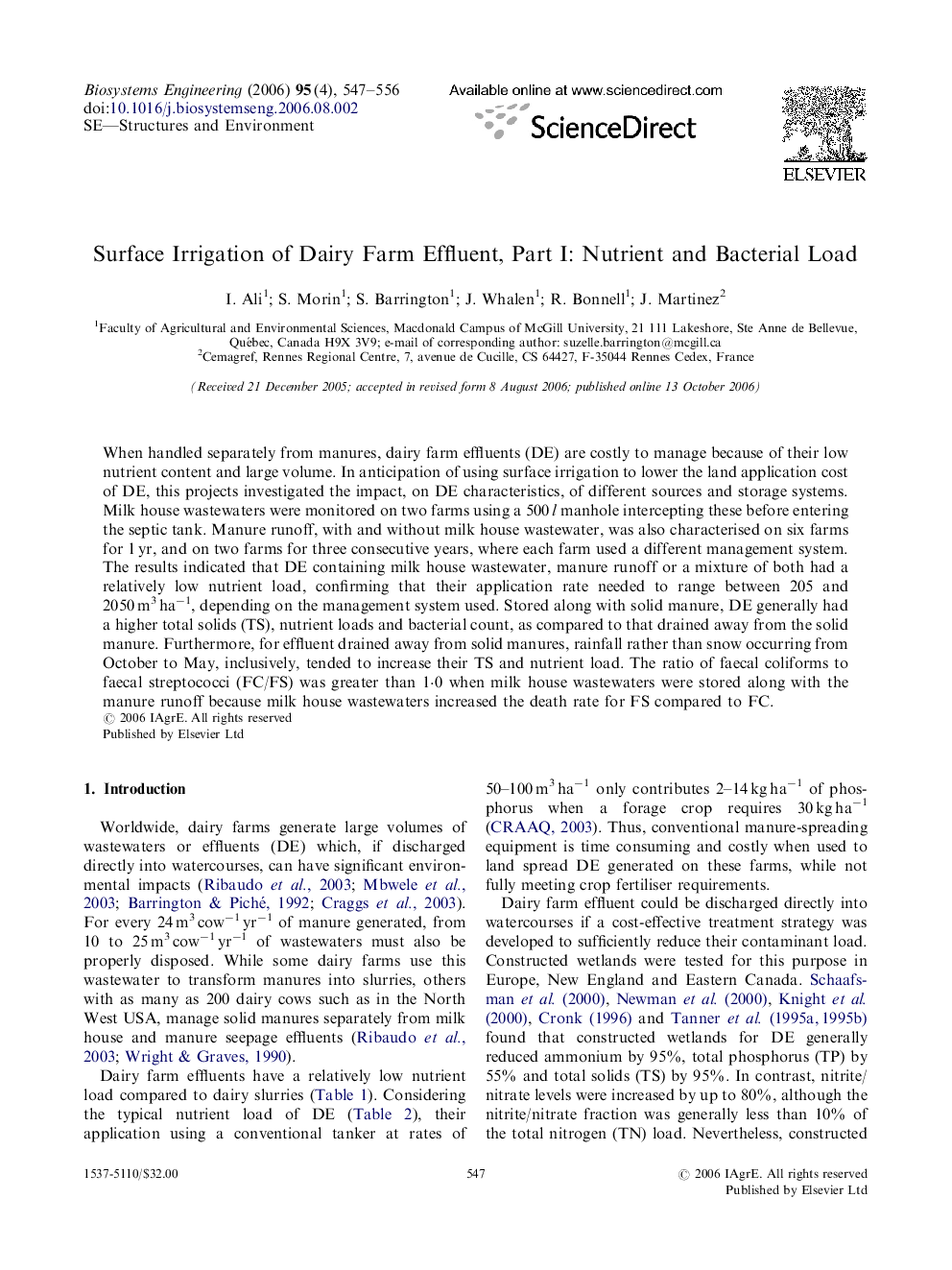 Surface Irrigation of Dairy Farm Effluent, Part I: Nutrient and Bacterial Load