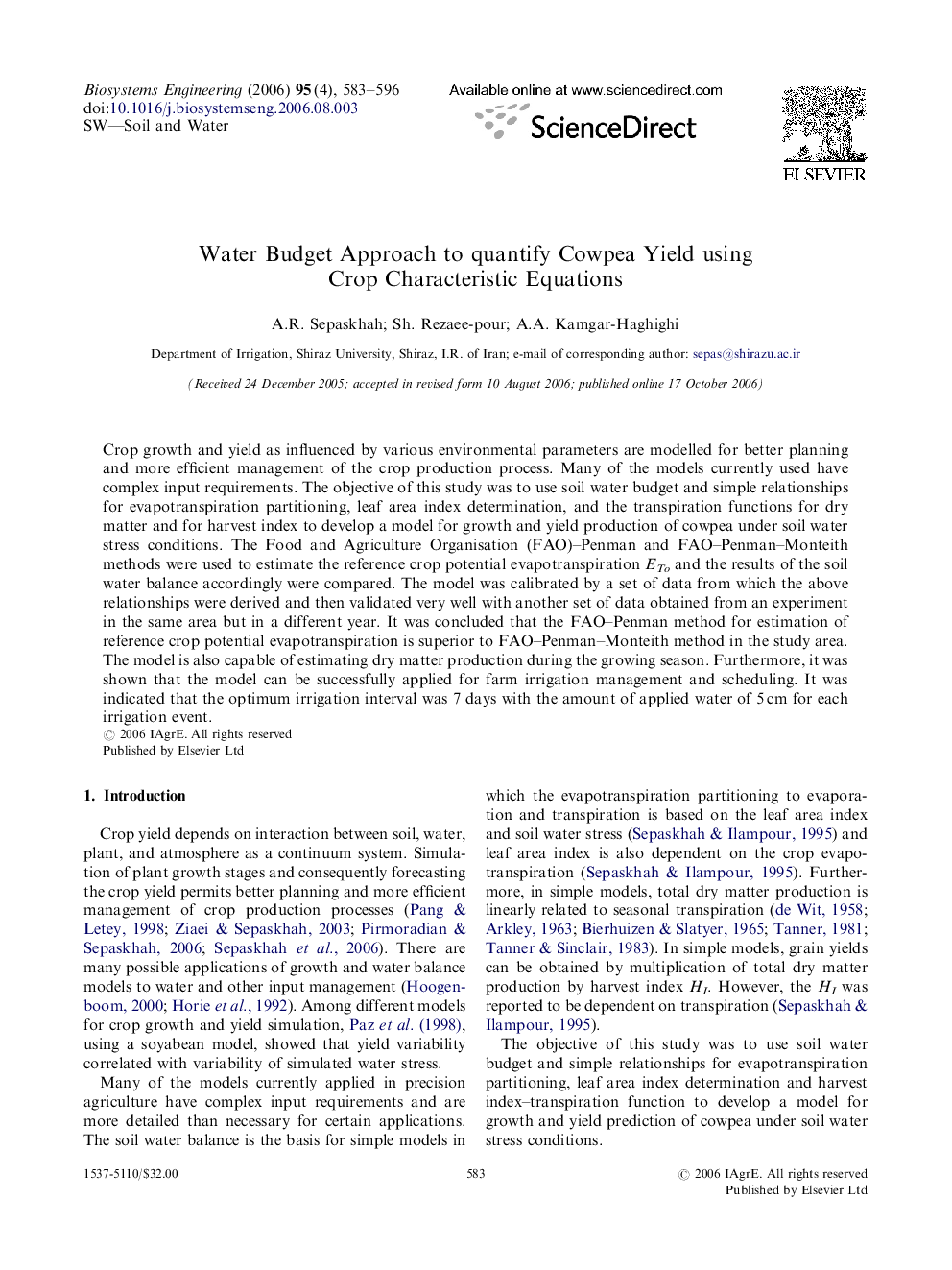 Water Budget Approach to quantify Cowpea Yield using Crop Characteristic Equations