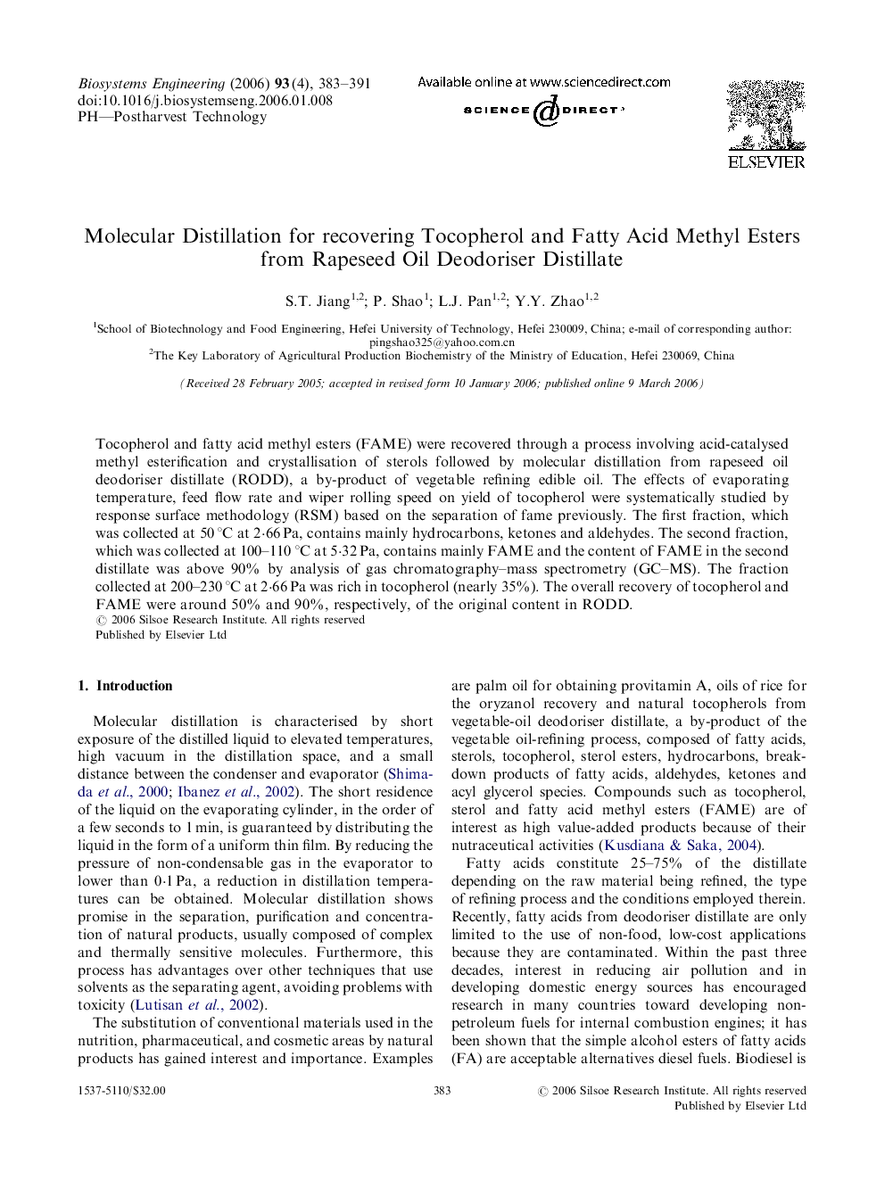 Molecular Distillation for recovering Tocopherol and Fatty Acid Methyl Esters from Rapeseed Oil Deodoriser Distillate