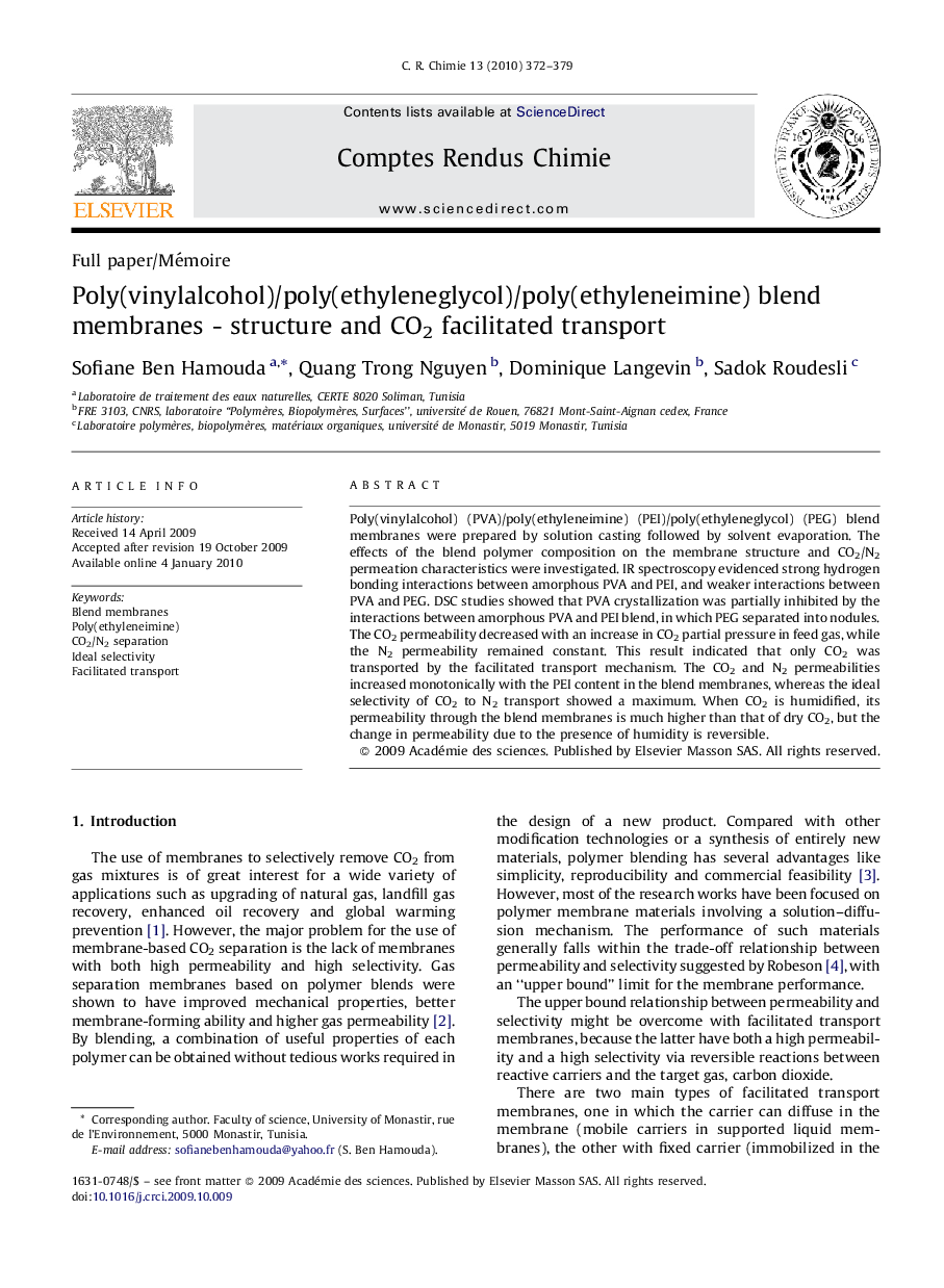 Poly(vinylalcohol)/poly(ethyleneglycol)/poly(ethyleneimine) blend membranes - structure and CO2 facilitated transport