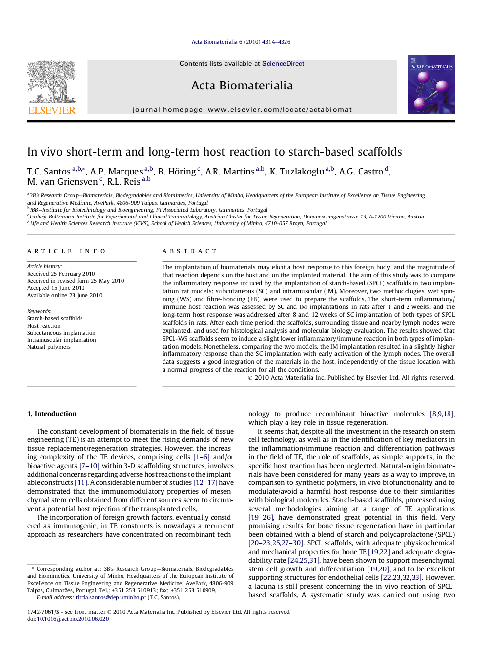 In vivo short-term and long-term host reaction to starch-based scaffolds