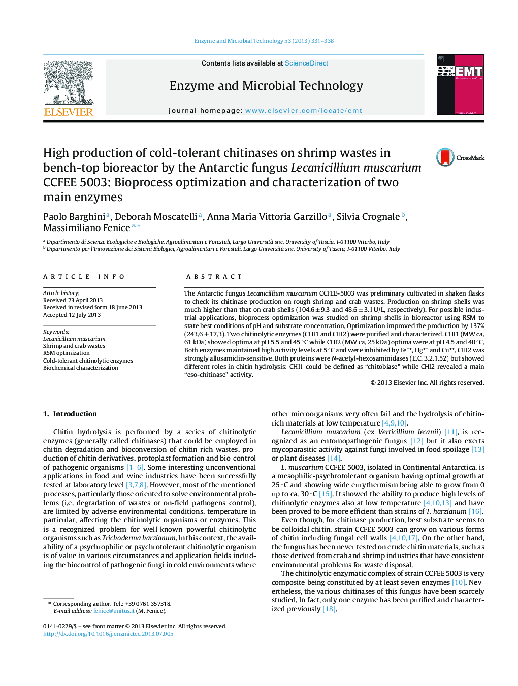 High production of cold-tolerant chitinases on shrimp wastes in bench-top bioreactor by the Antarctic fungus Lecanicillium muscarium CCFEE 5003: Bioprocess optimization and characterization of two main enzymes