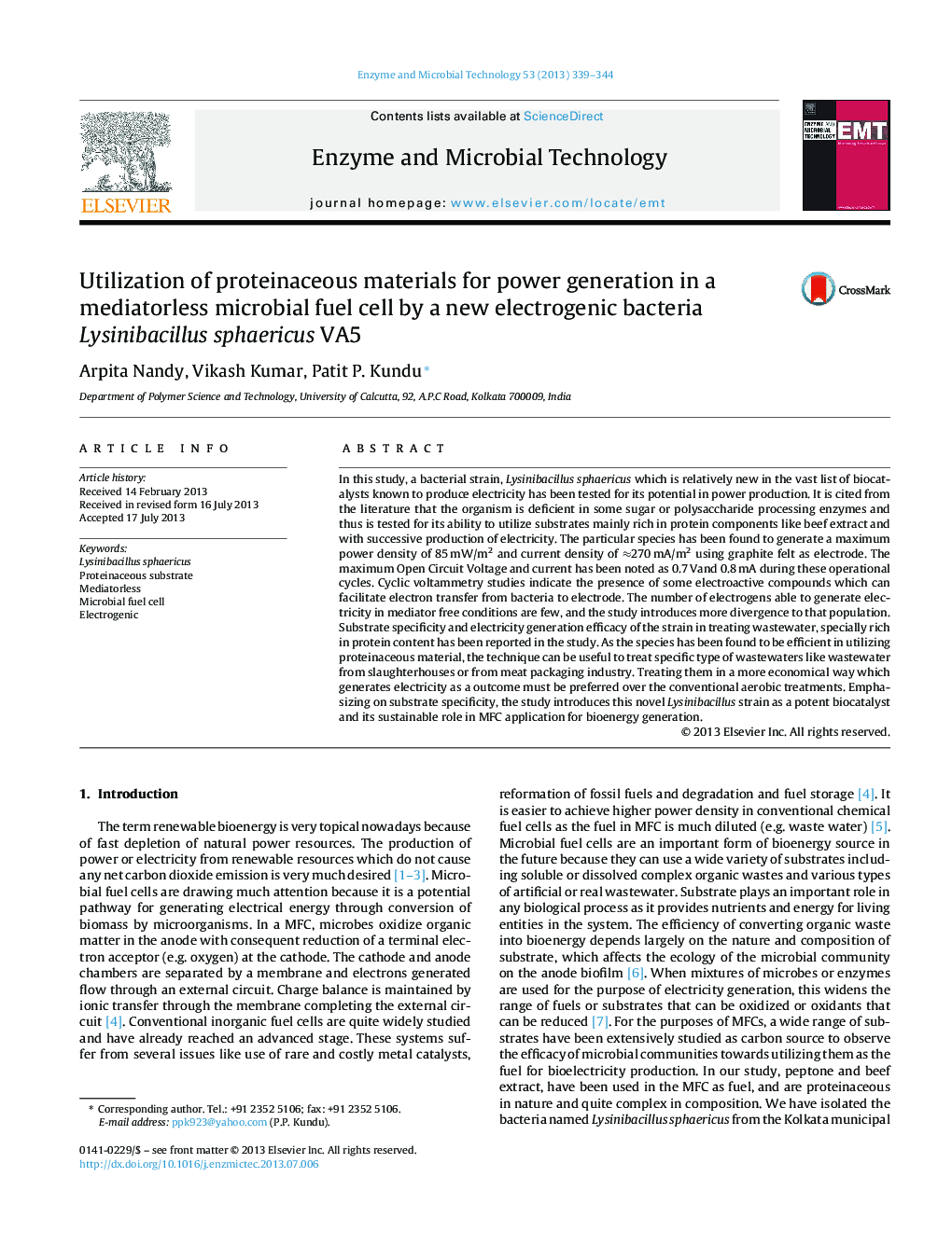 Utilization of proteinaceous materials for power generation in a mediatorless microbial fuel cell by a new electrogenic bacteria Lysinibacillus sphaericus VA5