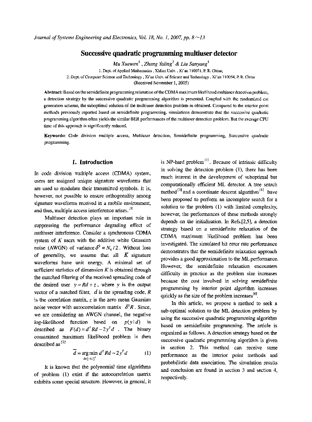 Successive quadratic programming multiuser detector