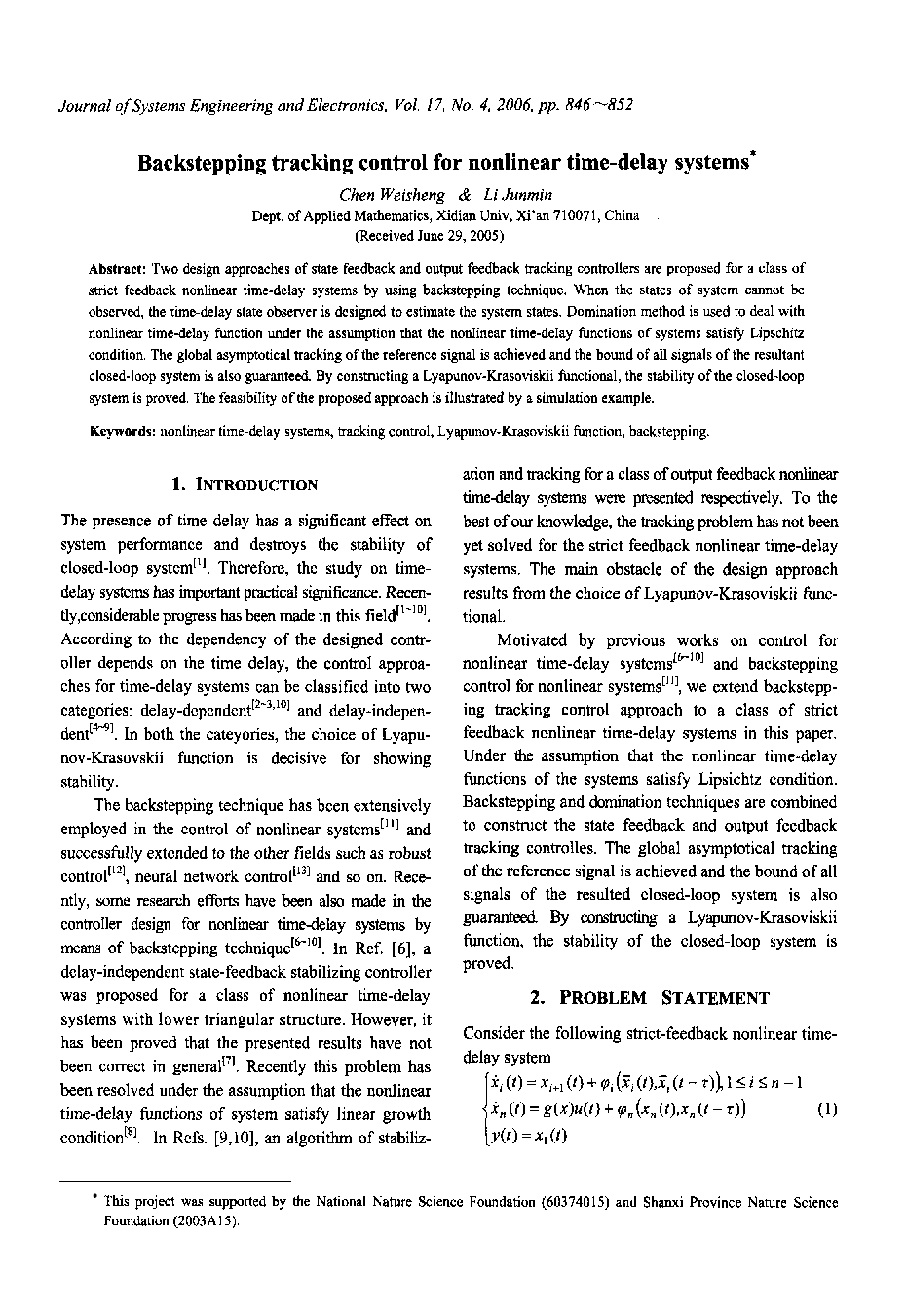 Backstepping tracking control for nonlinear time-delay systems*
		