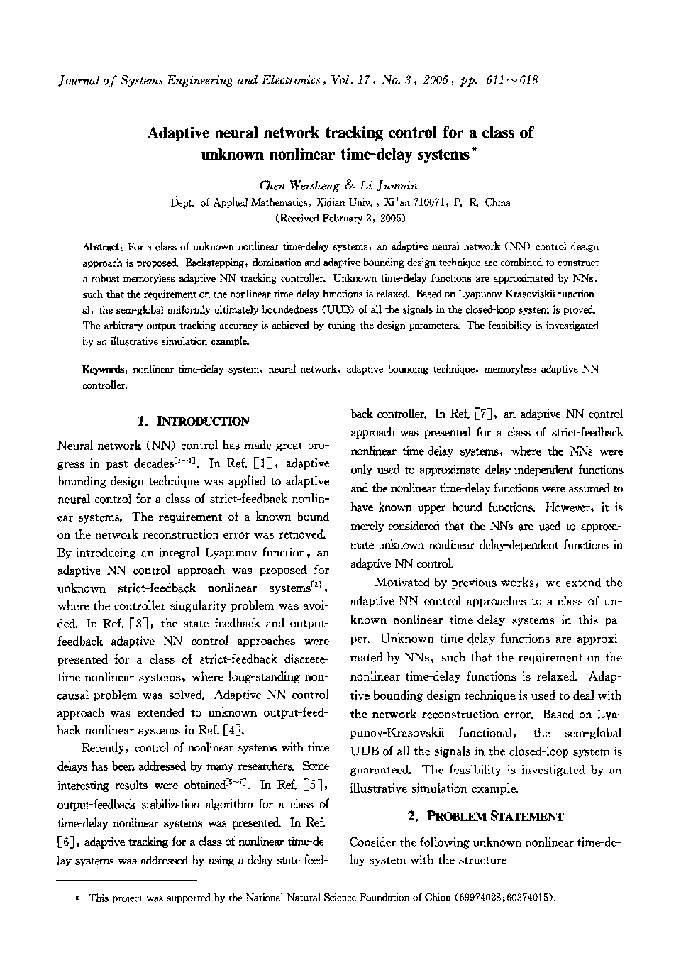 Adaptive neural network tracking control for a class of unknown nonlinear time-delay systems1
		