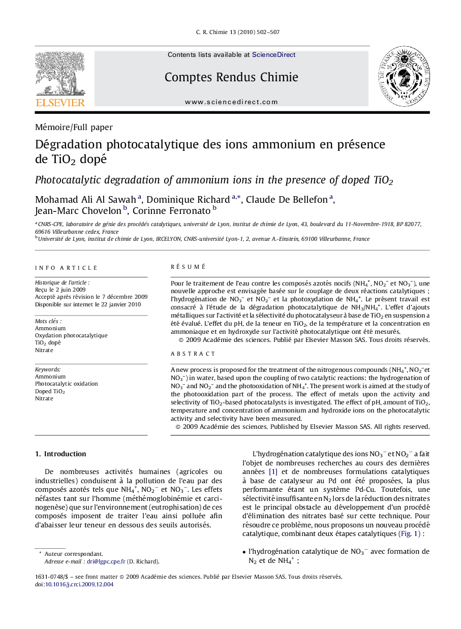 Dégradation photocatalytique des ions ammonium en présence de TiO2 dopé