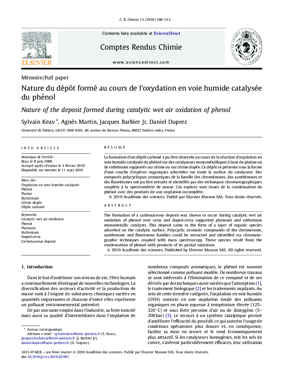 Nature du dépôt formé au cours de l’oxydation en voie humide catalysée du phénol