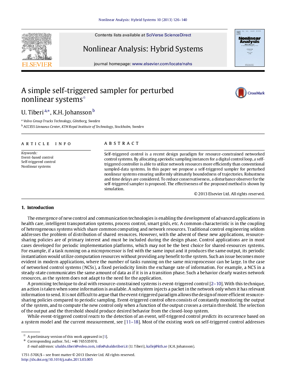 A simple self-triggered sampler for perturbed nonlinear systems 