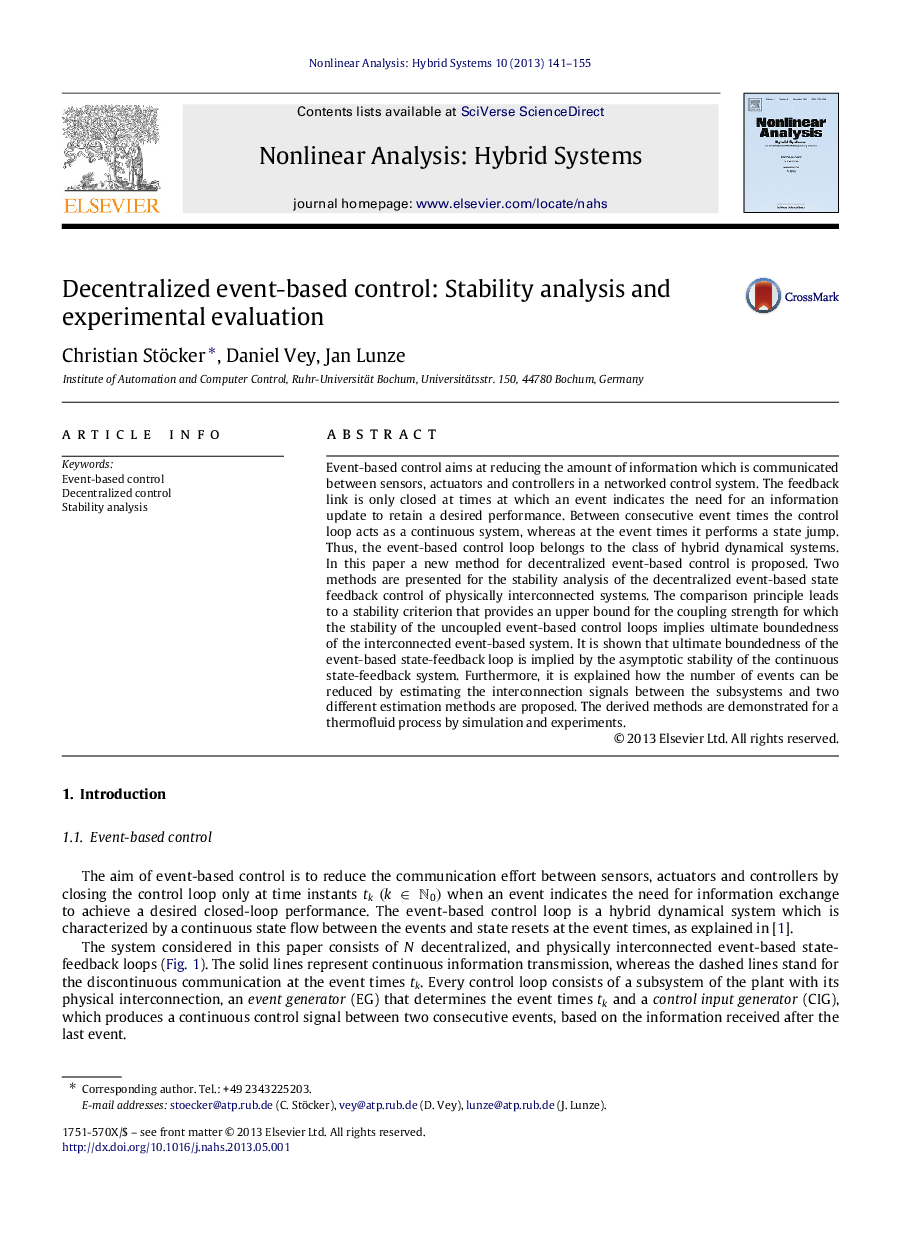 Decentralized event-based control: Stability analysis and experimental evaluation