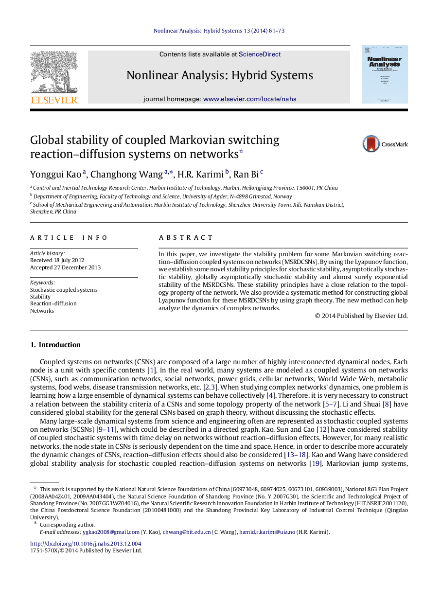 عکس صفحه اول مقاله: Global stability of coupled Markovian switching reaction–diffusion systems on networks Global stability of coupled Markovian switching reaction–diffusion systems on networks