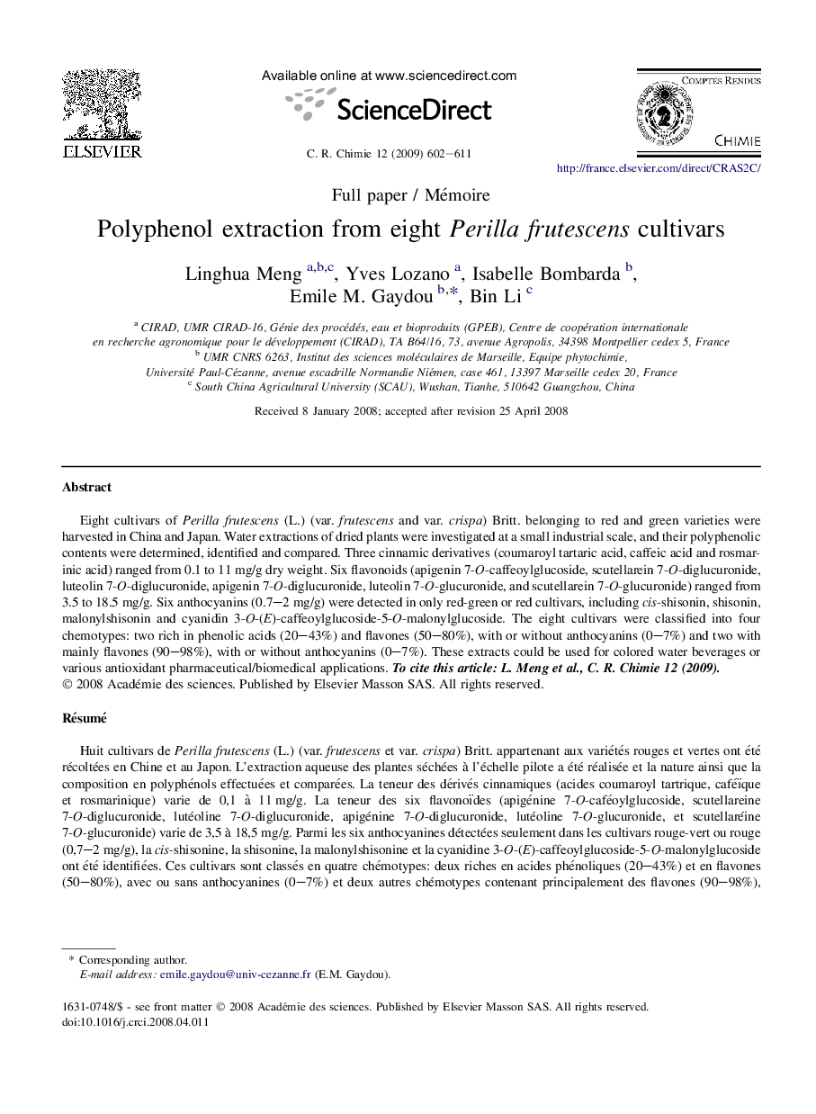 Polyphenol extraction from eight Perilla frutescens cultivars