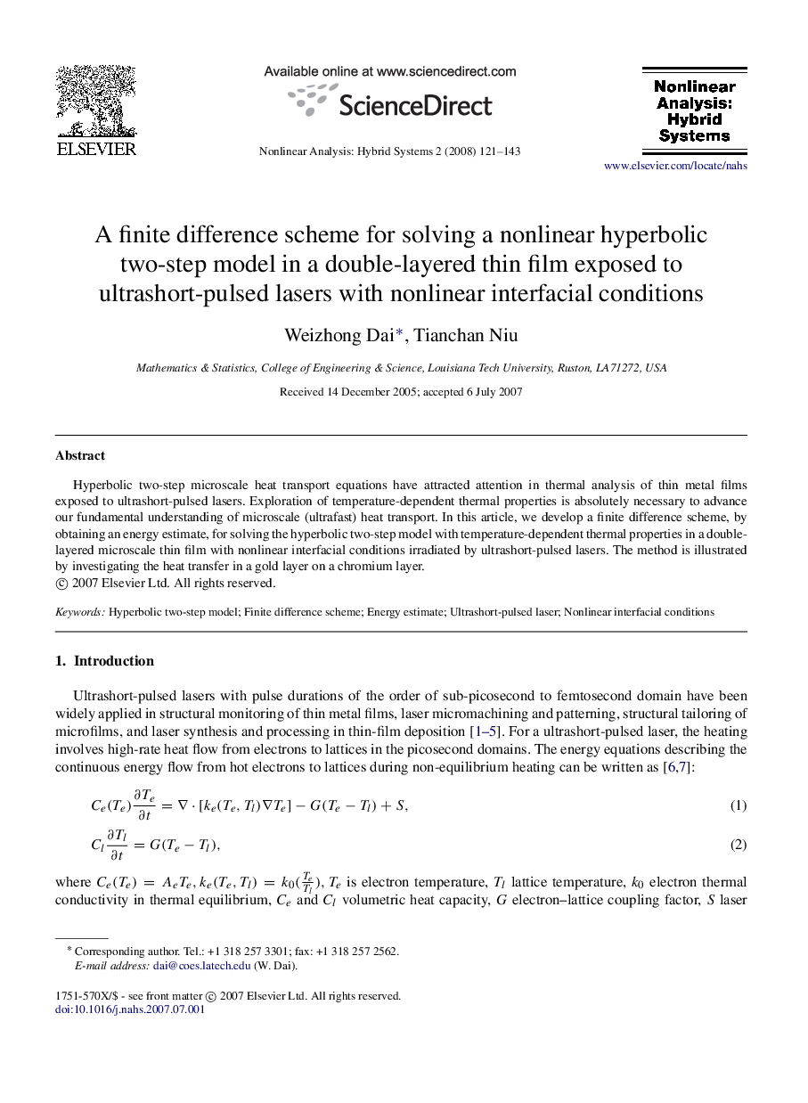 A finite difference scheme for solving a nonlinear hyperbolic two-step model in a double-layered thin film exposed to ultrashort-pulsed lasers with nonlinear interfacial conditions