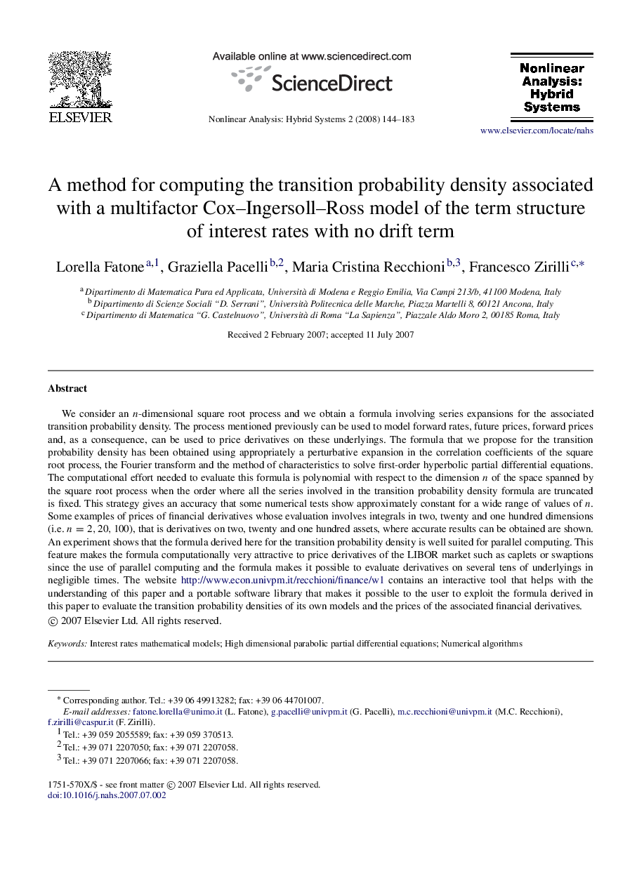 A method for computing the transition probability density associated with a multifactor Cox–Ingersoll–Ross model of the term structure of interest rates with no drift term