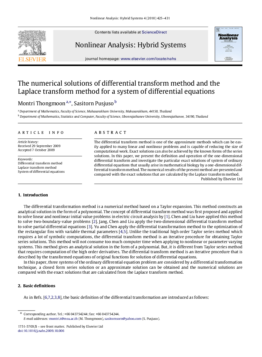 The numerical solutions of differential transform method and the Laplace transform method for a system of differential equations