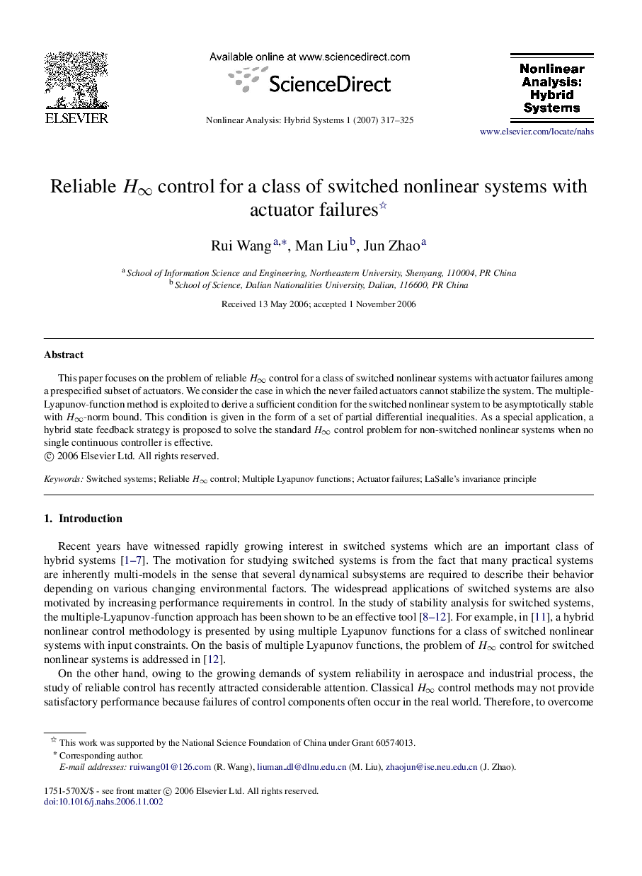 Reliable H∞H∞ control for a class of switched nonlinear systems with actuator failures 