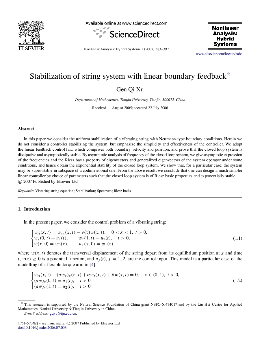 Stabilization of string system with linear boundary feedback 