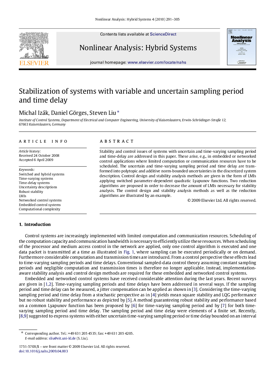 Stabilization of systems with variable and uncertain sampling period and time delay