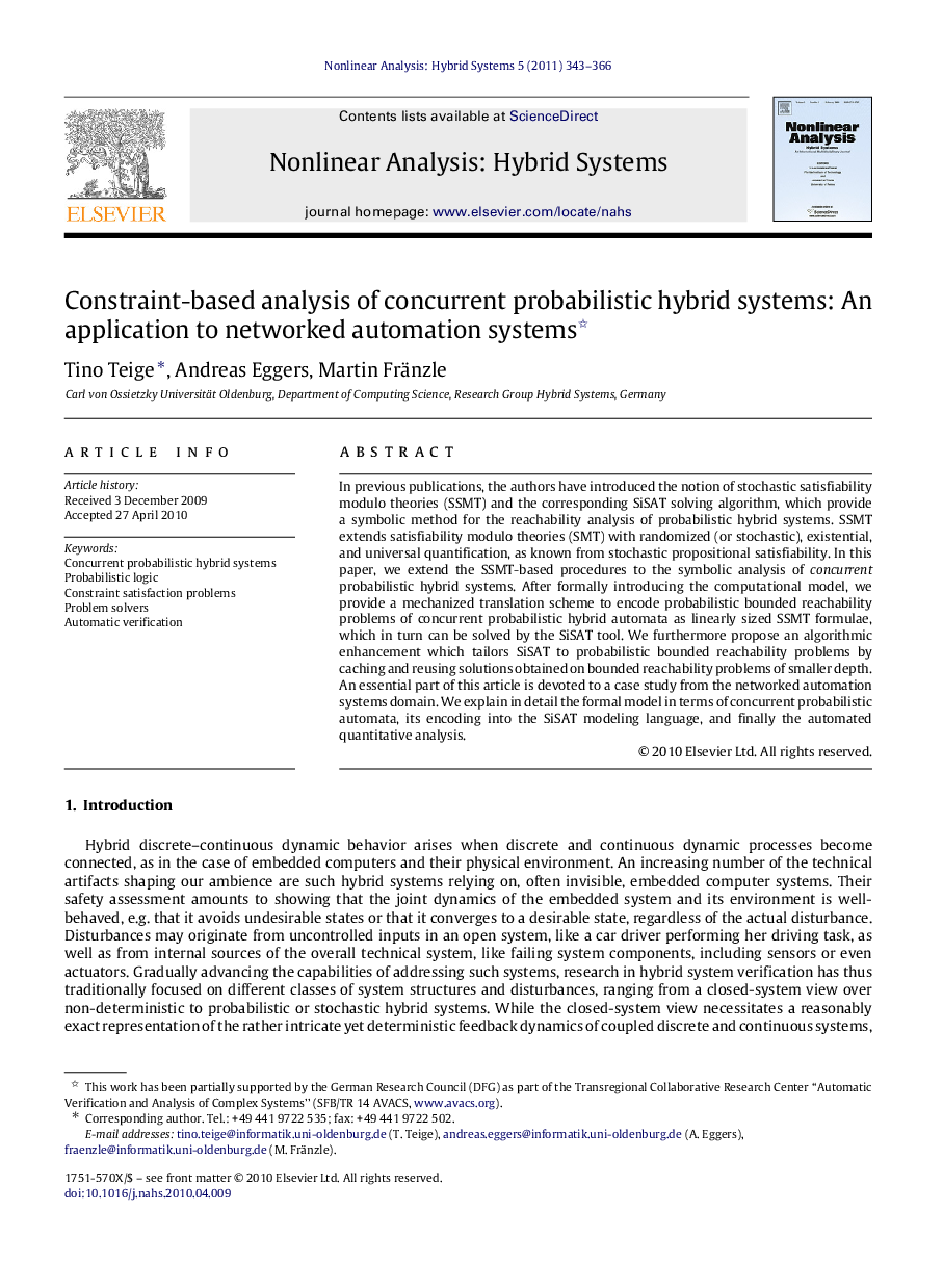 Constraint-based analysis of concurrent probabilistic hybrid systems: An application to networked automation systems 