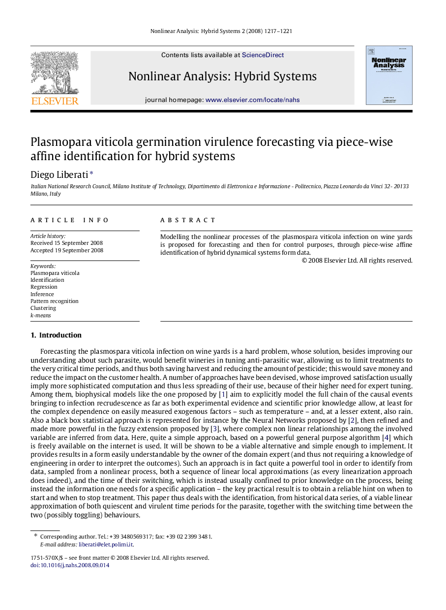 Plasmopara viticola germination virulence forecasting via piece-wise affine identification for hybrid systems